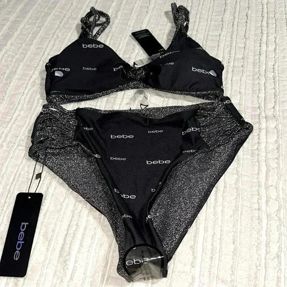 BEBE SZ S Black Metallic Bikini swimsuit - Picture 4 of 5
